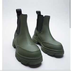 Zara Rubber Chunky Rain Ankle Boot Army Green